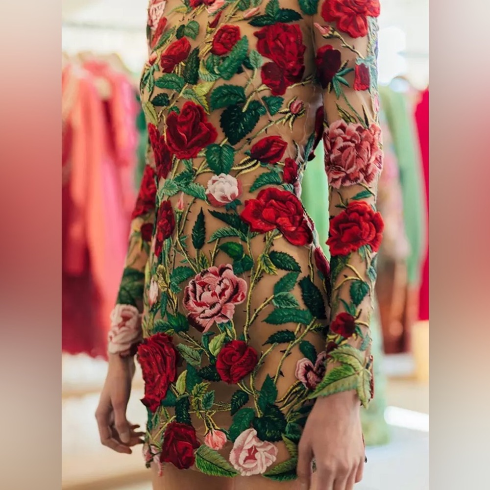 Floral Embroidered High Neck Mini Dress, (NOT Oscar de la Renta), Luxury Mini - Picture 5 of 14